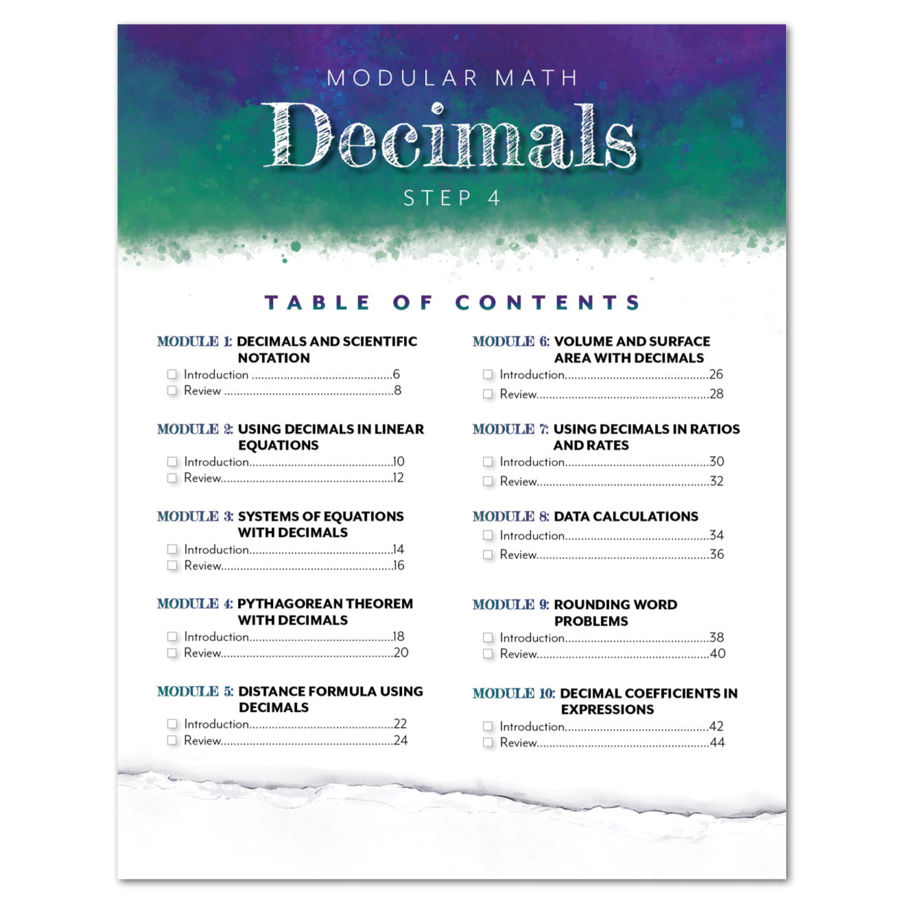 A modular math page titled 'Decimals Step 4' with a blue-to-teal watercolor header, white lower section, and a table of contents listing modules on decimals and related math topics.