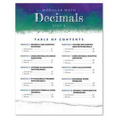 A modular math page titled 'Decimals Step 4' with a blue-to-teal watercolor header, white lower section, and a table of contents listing modules on decimals and related math topics.