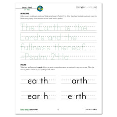 Earth Science Homeschool Unit Study Digital Early Reader Student Book Lesson 1 Copywork and Spelling