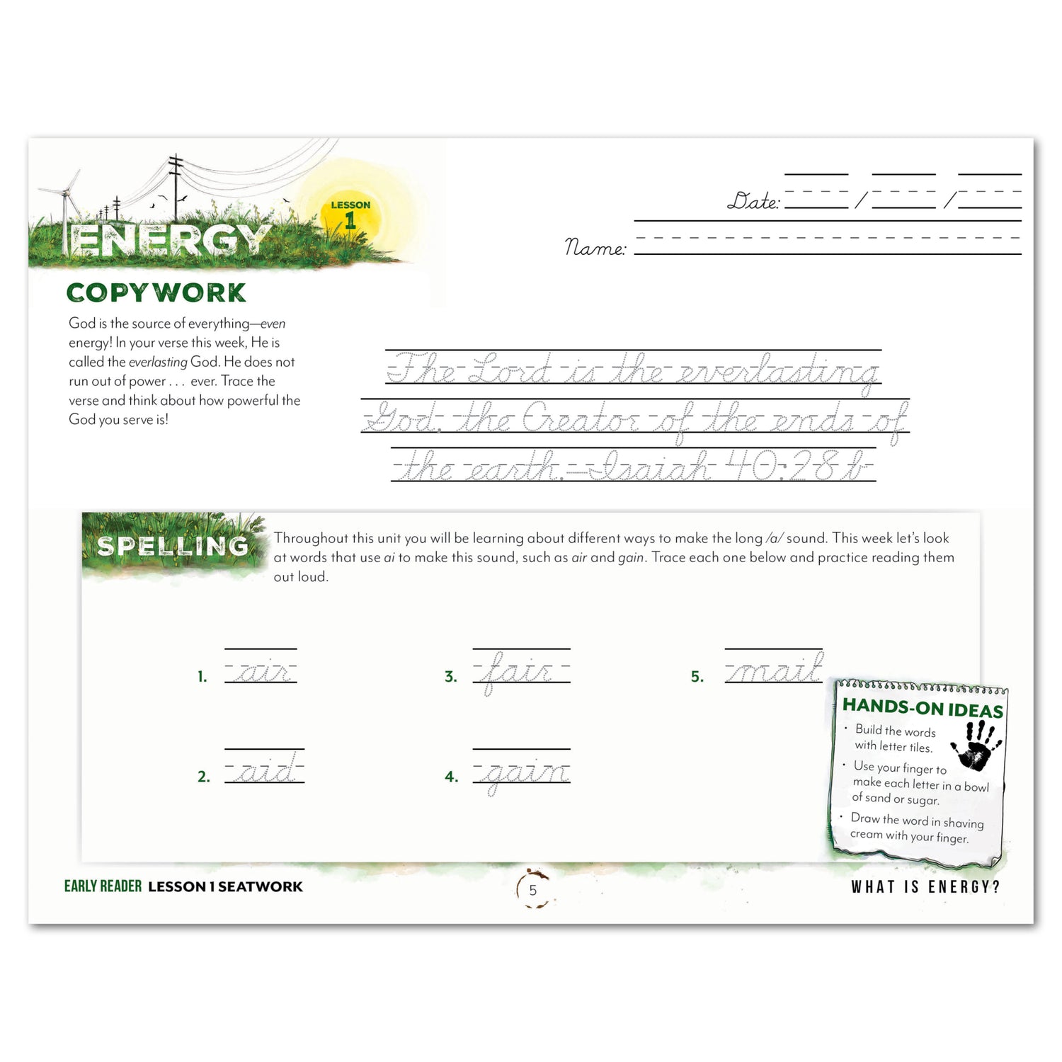 Energy Homeschool Unit Study Printed Seatwork Journal Cursive Early Reader Lesson 1 Copywork and Spelling