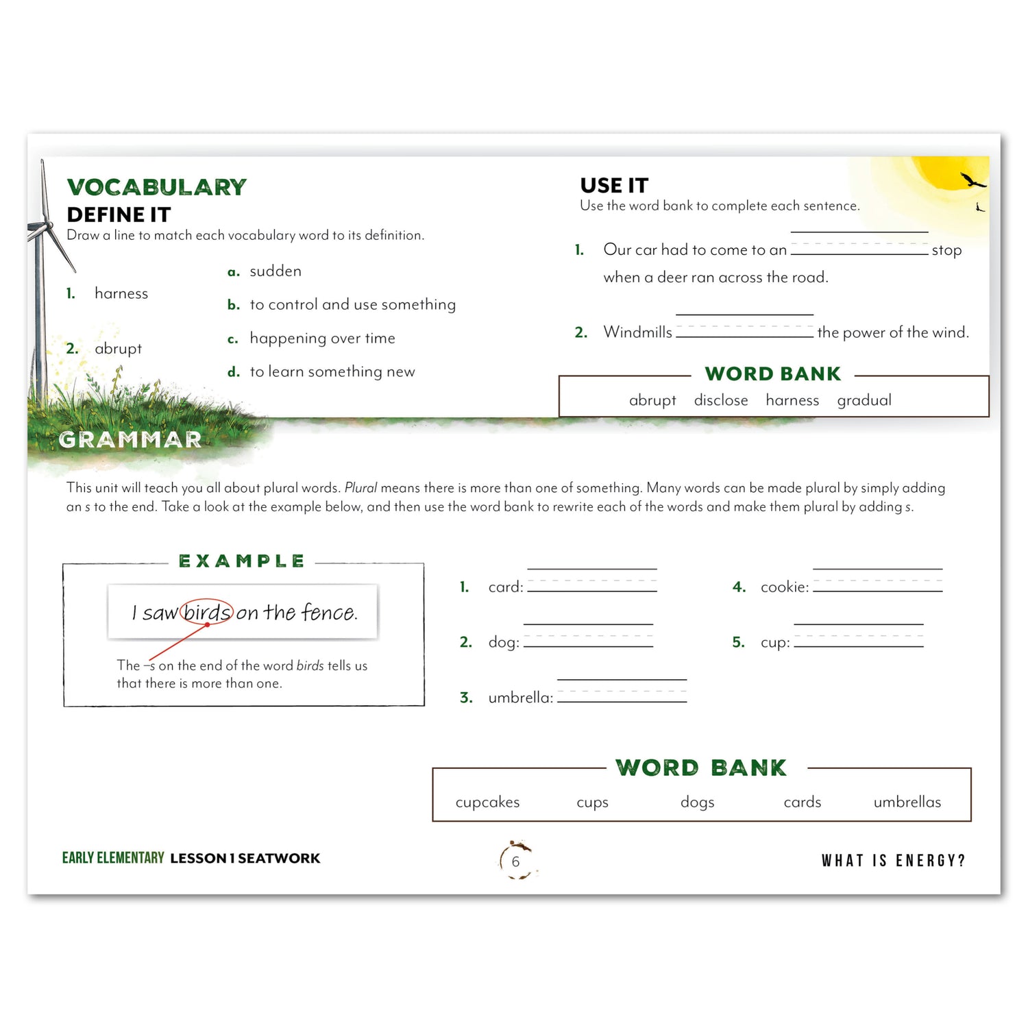 Energy Homeschool Unit Study Printed Seatwork Journal Manuscript Early Elementary Lesson 1 Vocabulary