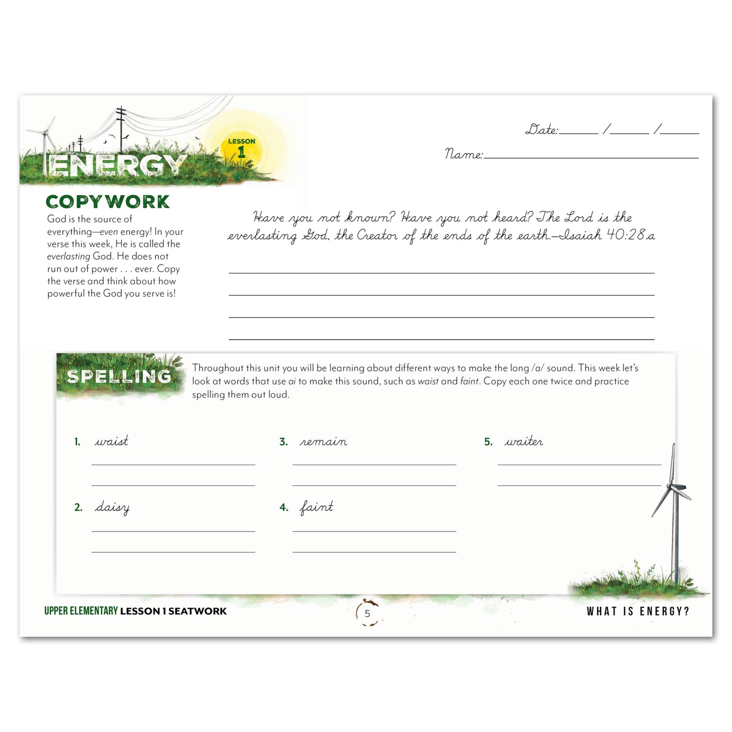 Energy Homeschool Unit Study Digital Seatwork Journal Cursive Upper Elementary Student Book Lesson 1 Copywork and Spelling