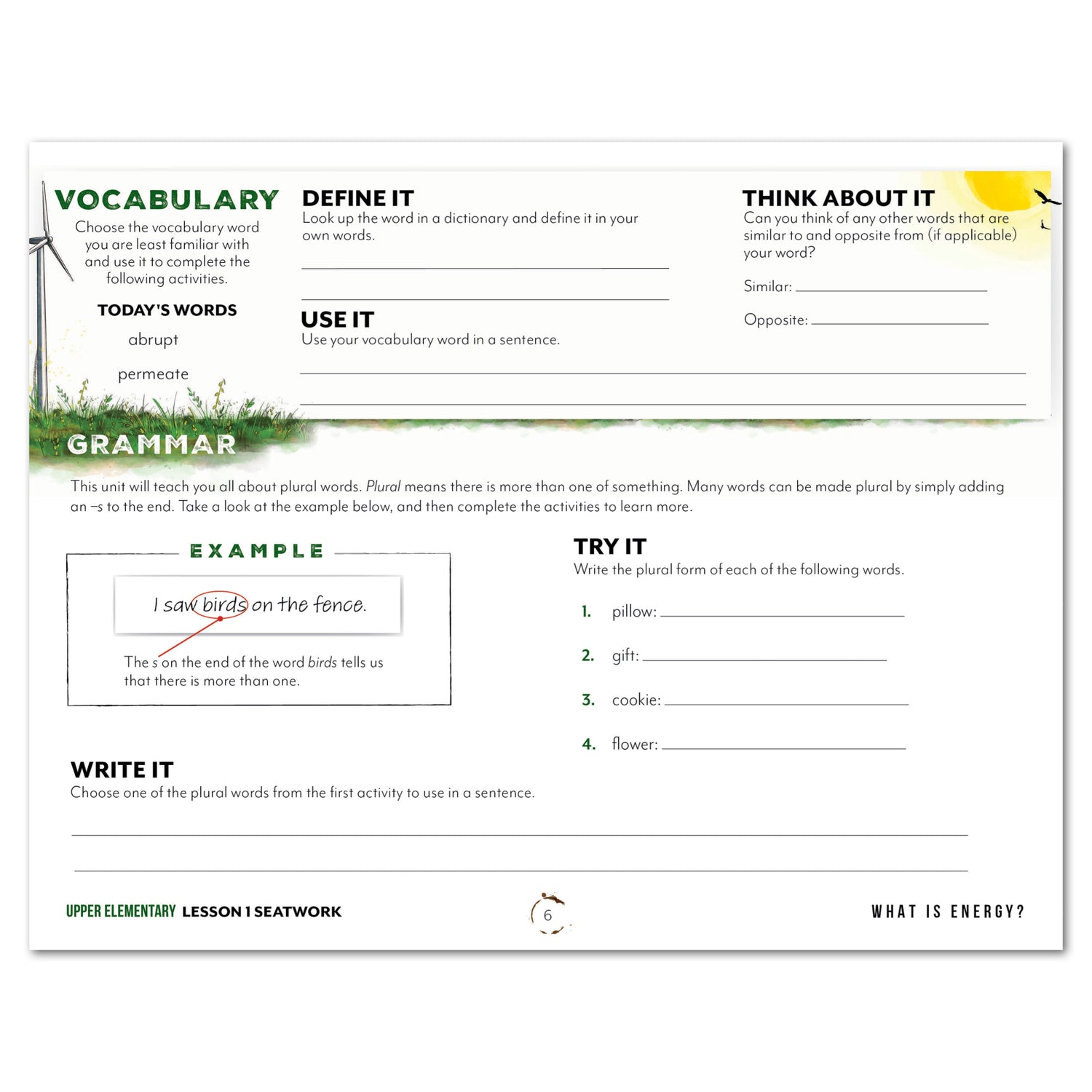Energy Homeschool Unit Study Printed Seatwork Journal Manuscript Upper Elementary Lesson 1 Vocabulary