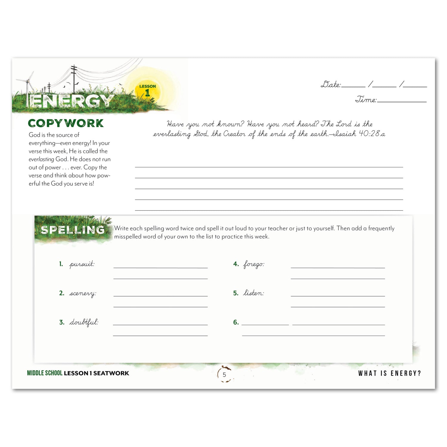 Energy Homeschool Unit Study Printed Seatwork Journal Cursive Middle School Lesson 1 Copywork and Spelling