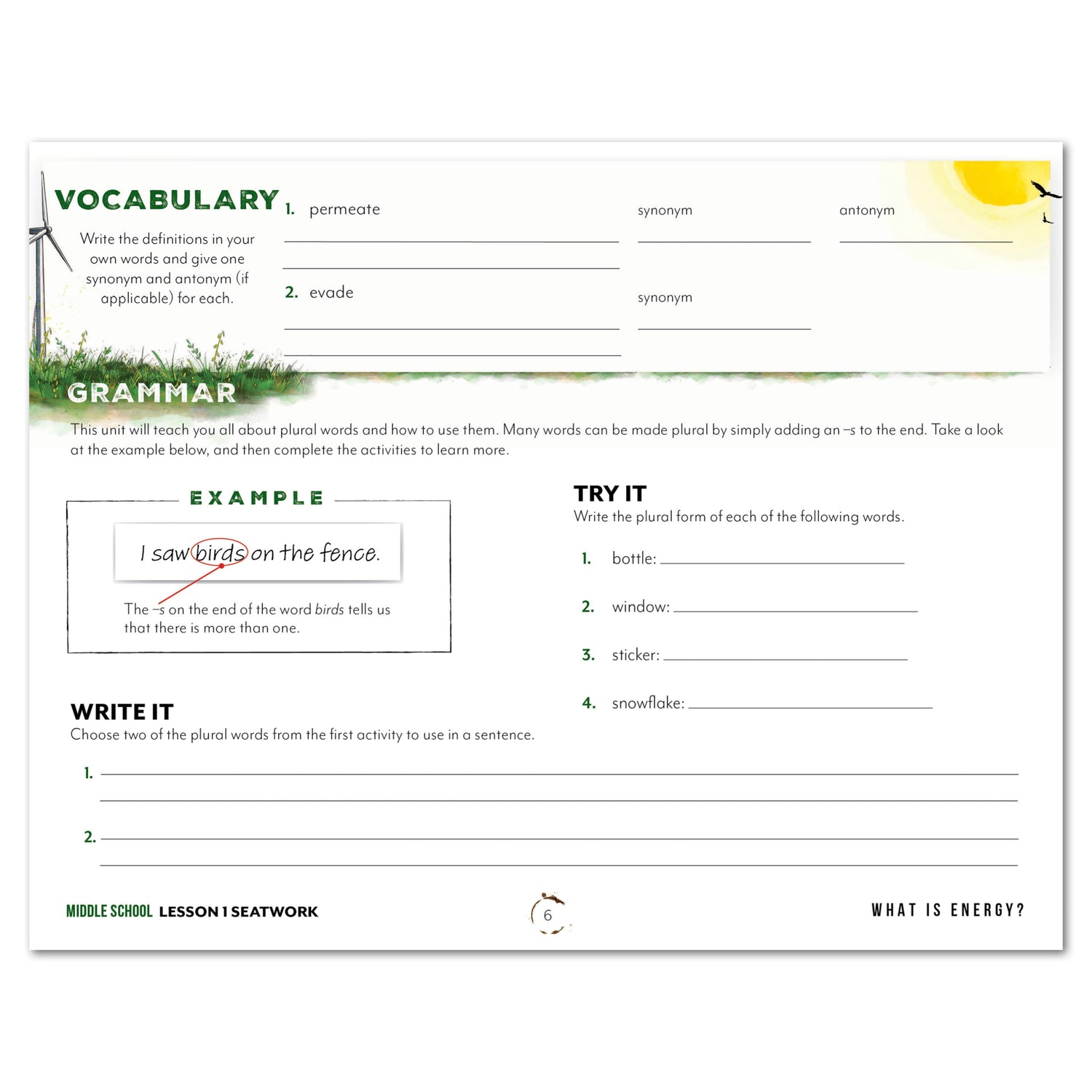 Energy Homeschool Unit Study Printed Seatwork Journal Manuscript Middle School Lesson 1 Vocabulary