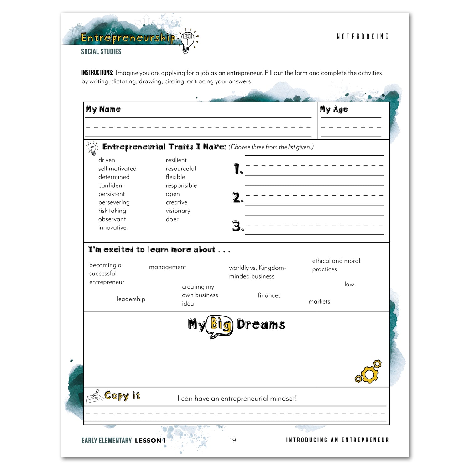 Entrepreneurship Homeschool Unit Study Printed Early Elementary Student Book Lesson 1 Notebooking