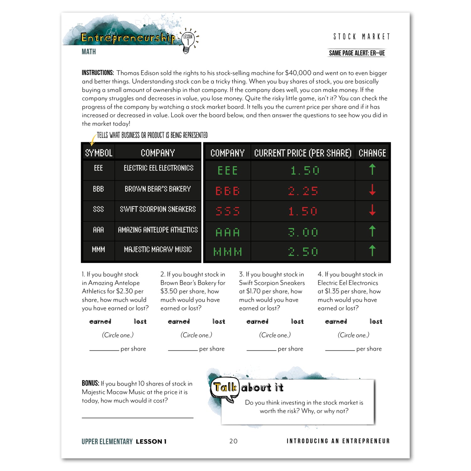Entrepreneurship Homeschool Unit Study Printed Upper Elementary Student Book Lesson 1 Stock Market