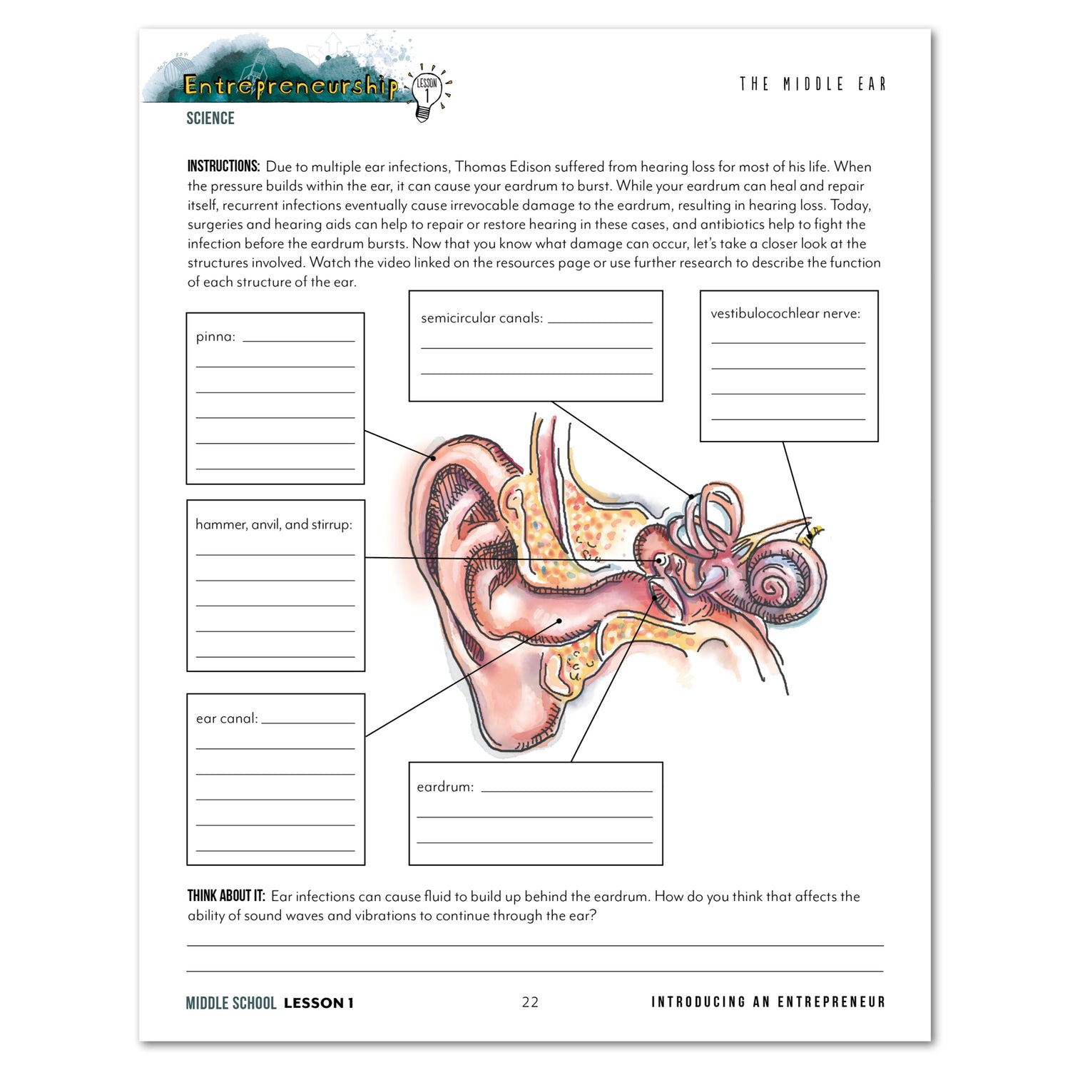 Entrepreneurship Homeschool Unit Study Printed Middle School Student Book Lesson 1 The Middle Ear