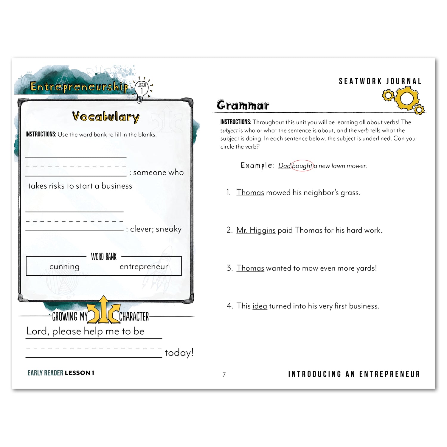 Entrepreneurship Homeschool Unit Study Digital Seatwork Journal Manuscript Early Reader Vocabulary and Grammar