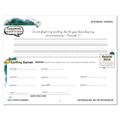 Entrepreneurship Homeschool Unit Study Digital Seatwork Journal Cursive Early Elementary Lesson 1 Copywork and Spelling