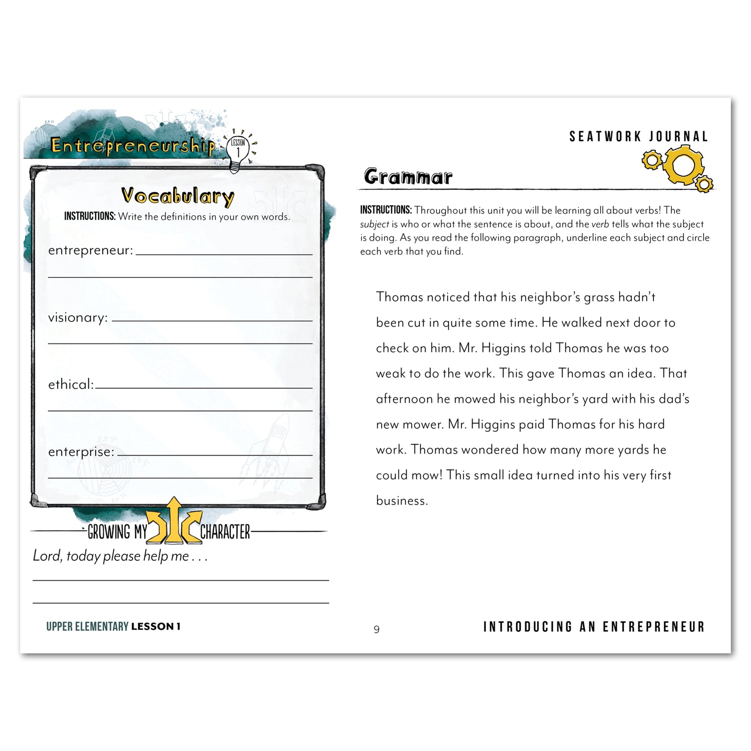 Entrepreneurship Homeschool Unit Study Digital Seatwork Journal Manuscript Upper Elementary Lesson 1 Vocabulary and Grammar