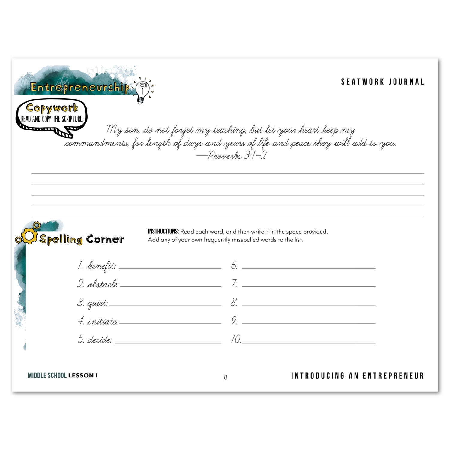 Entrepreneurship Homeschool Unit Study Digital Seatwork Journal Cursive Middle School Lesson 1 Copywork and Spelling