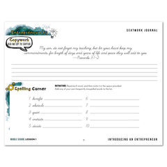 Entrepreneurship Homeschool Unit Study Digital Seatwork Journal Cursive Middle School Lesson 1 Copywork and Spelling