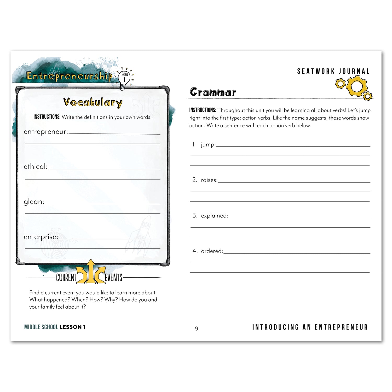 Entrepreneurship Homeschool Unit Study Digital Seatwork Journal Manuscript Middle School Lesson 1 Vocabulary and Spelling