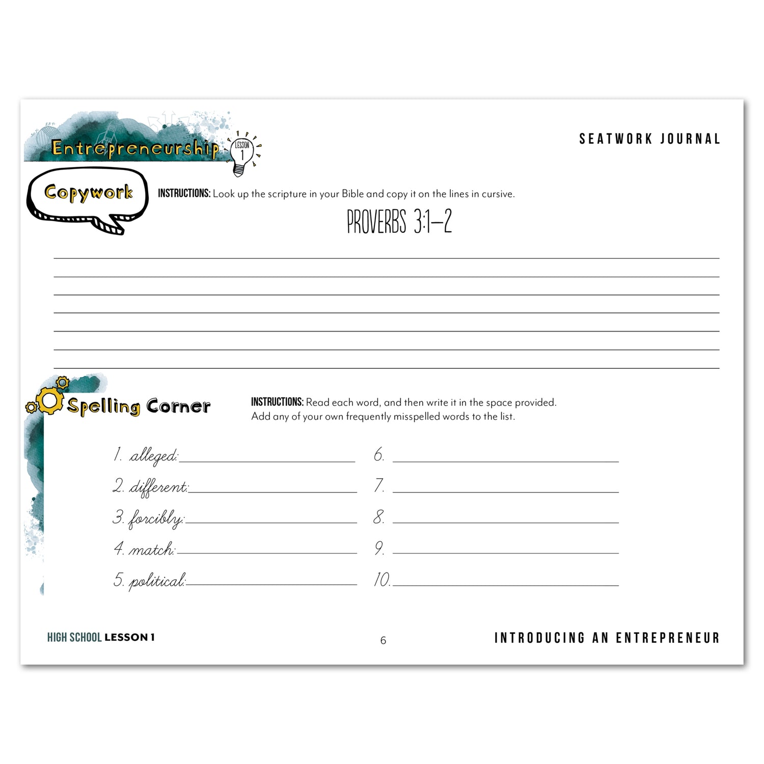 Entrepreneurship Homeschool Unit Study Digital Seatwork Journal Cursive High School Lesson 1 Copywork and Spelling