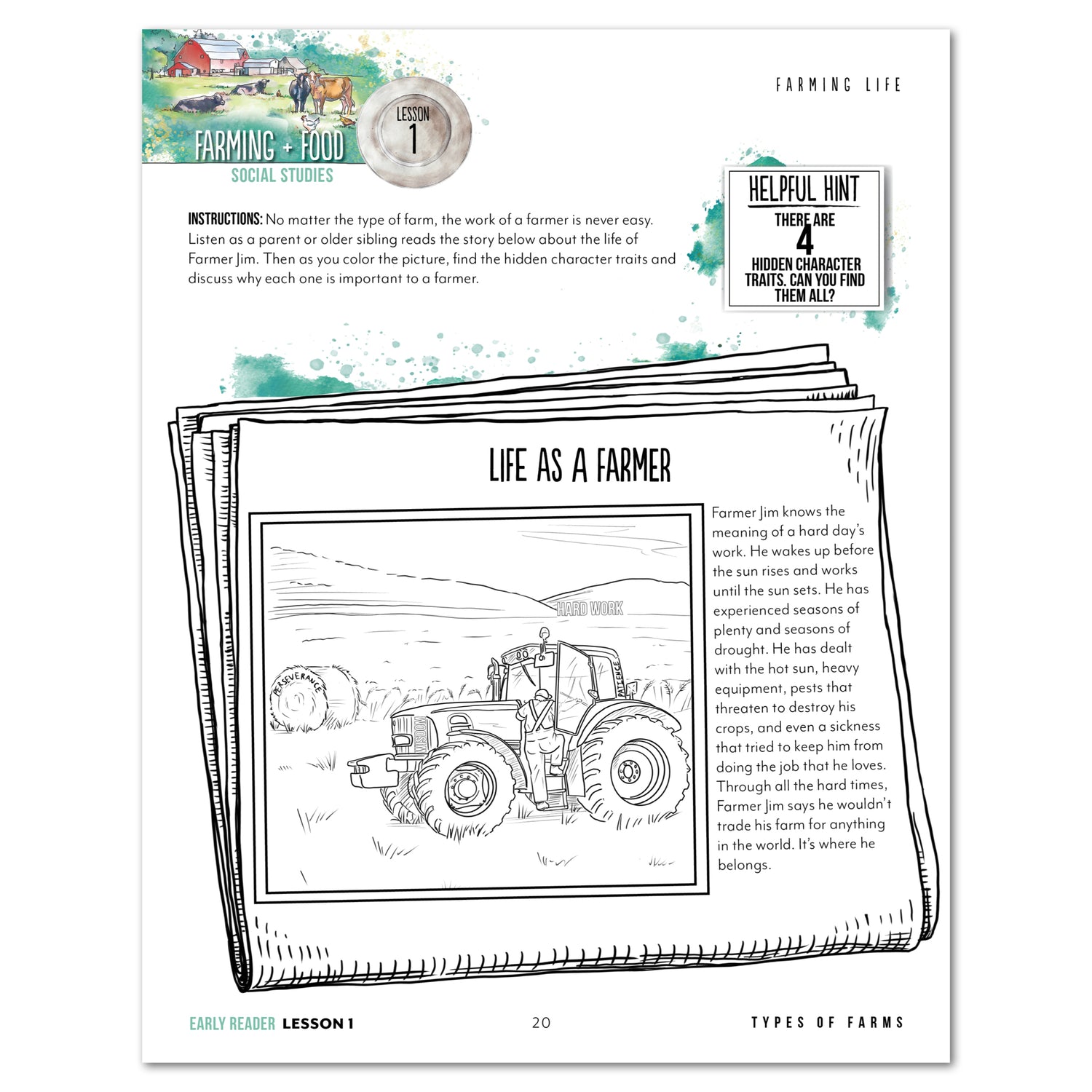 Farming + Food homeschool unit study printed student book Early Reader lesson one 