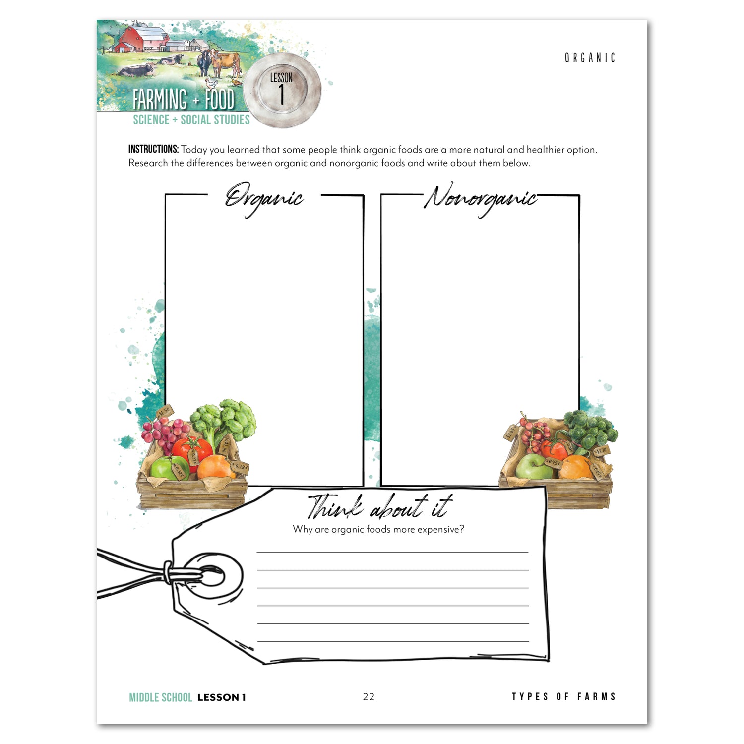 Farming + Food homeschool unit study printed student book Middle School lesson one 