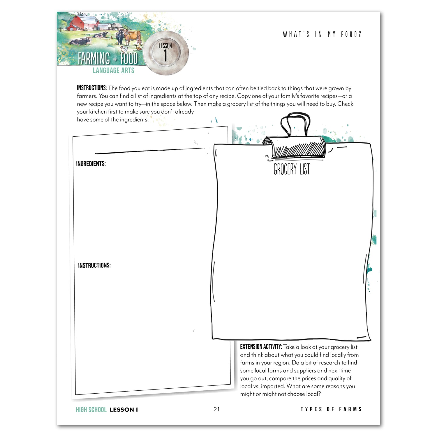 Farming + Food homeschool unit study printed student book High School lesson one 