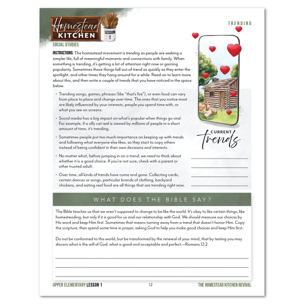 An educational worksheet about the current trend of homesteading. Page has an image of a social media post, text, and a place for answering questions at the bottom. 