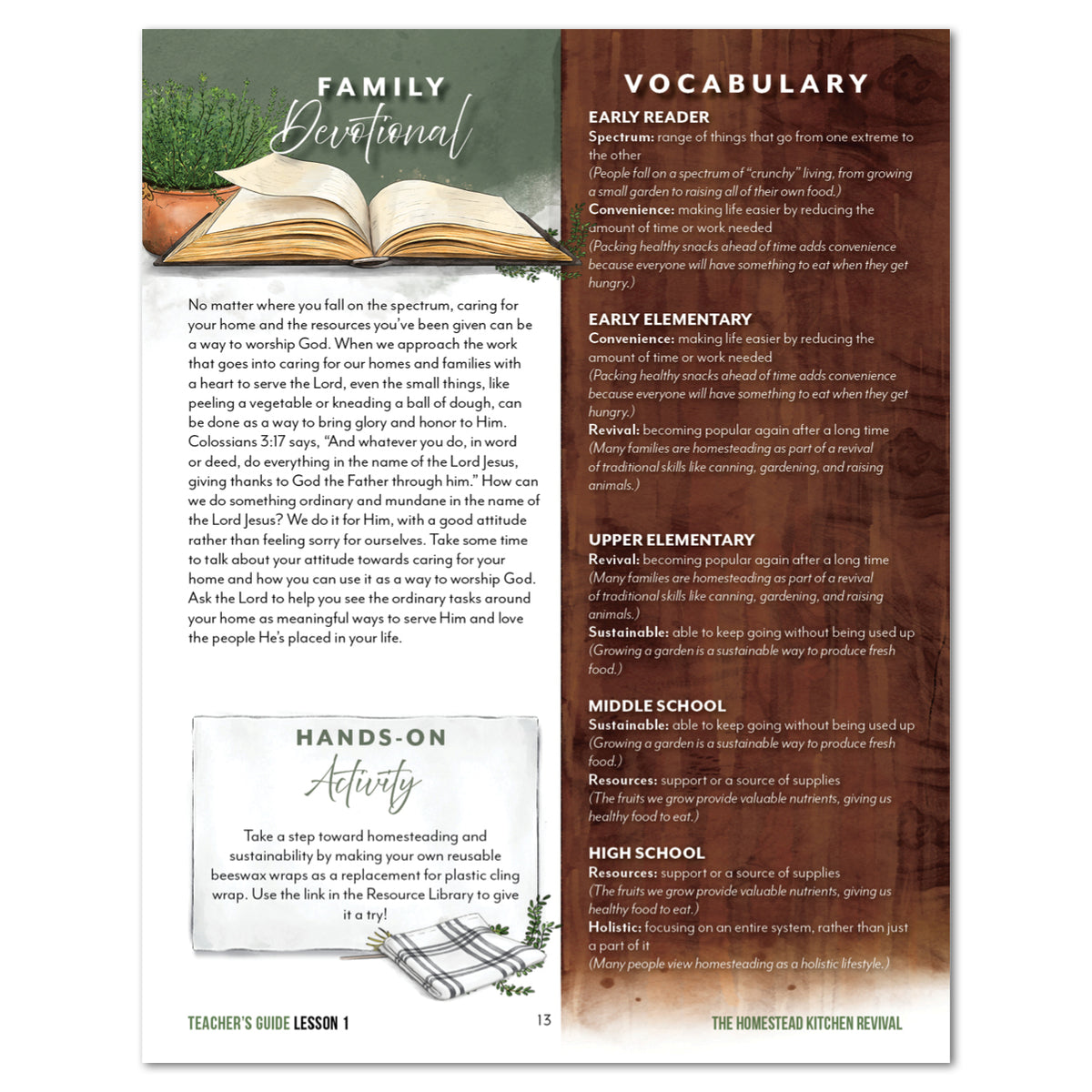 Teacher's Guide page with sections for Family Devotional, vocabulary words, and hands-on activity. There is an image of an open Bible and a folded dishtowel on the page. 