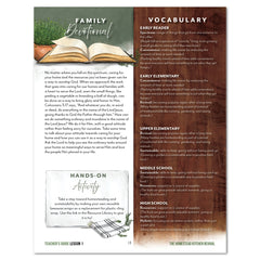 Teacher's Guide page with sections for Family Devotional, vocabulary words, and hands-on activity. There is an image of an open Bible and a folded dishtowel on the page. 
