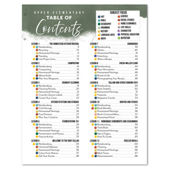 Table of Contents page for Upper Elementary. There is a green background at the top and the subjects are color-coded. 