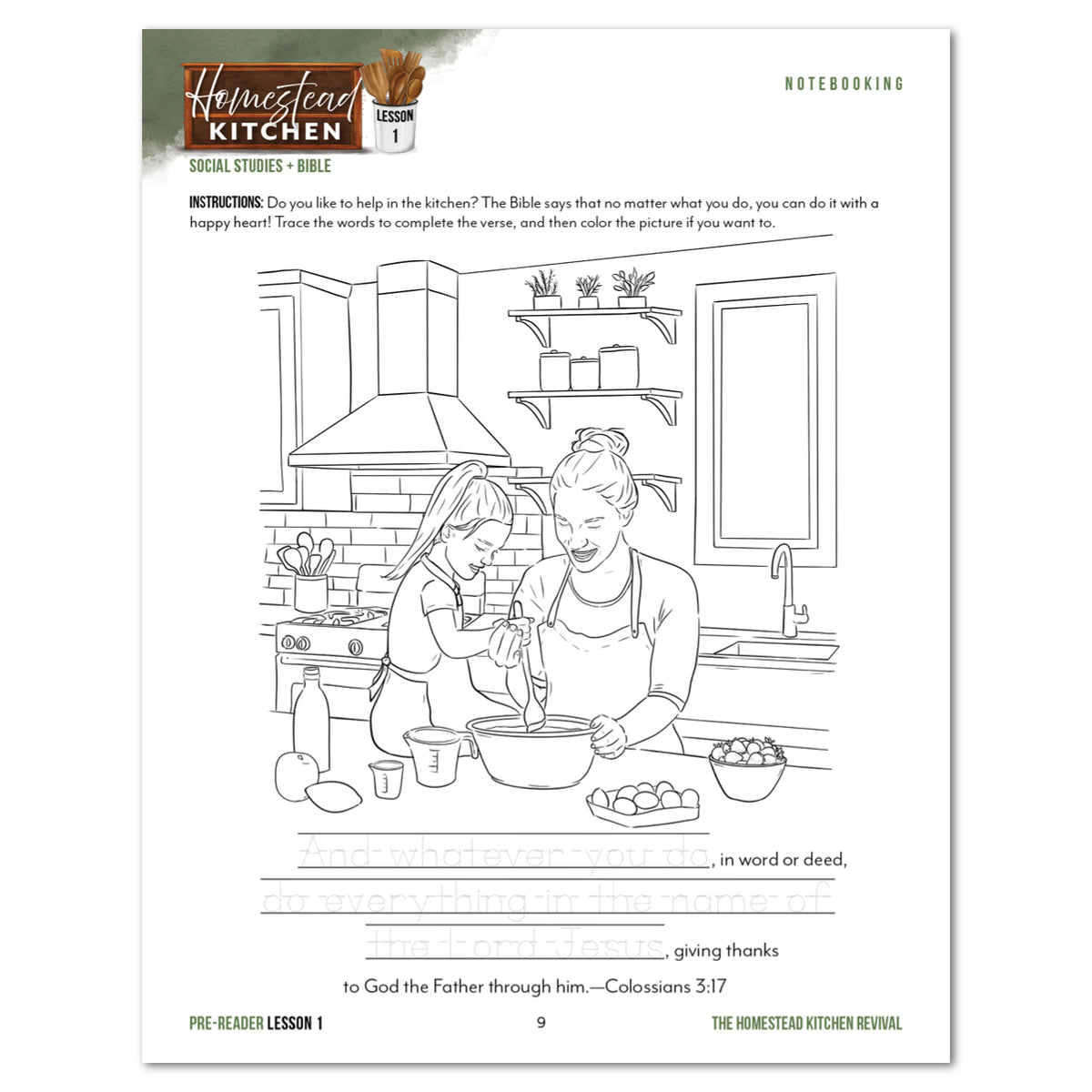 A worksheet showing a black-and-white line drawing of a mom and child baking in a kitchen, with text instructions and blank lines for writing.