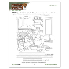 A worksheet showing a black-and-white line drawing of a mom and child baking in a kitchen, with text instructions and blank lines for writing.