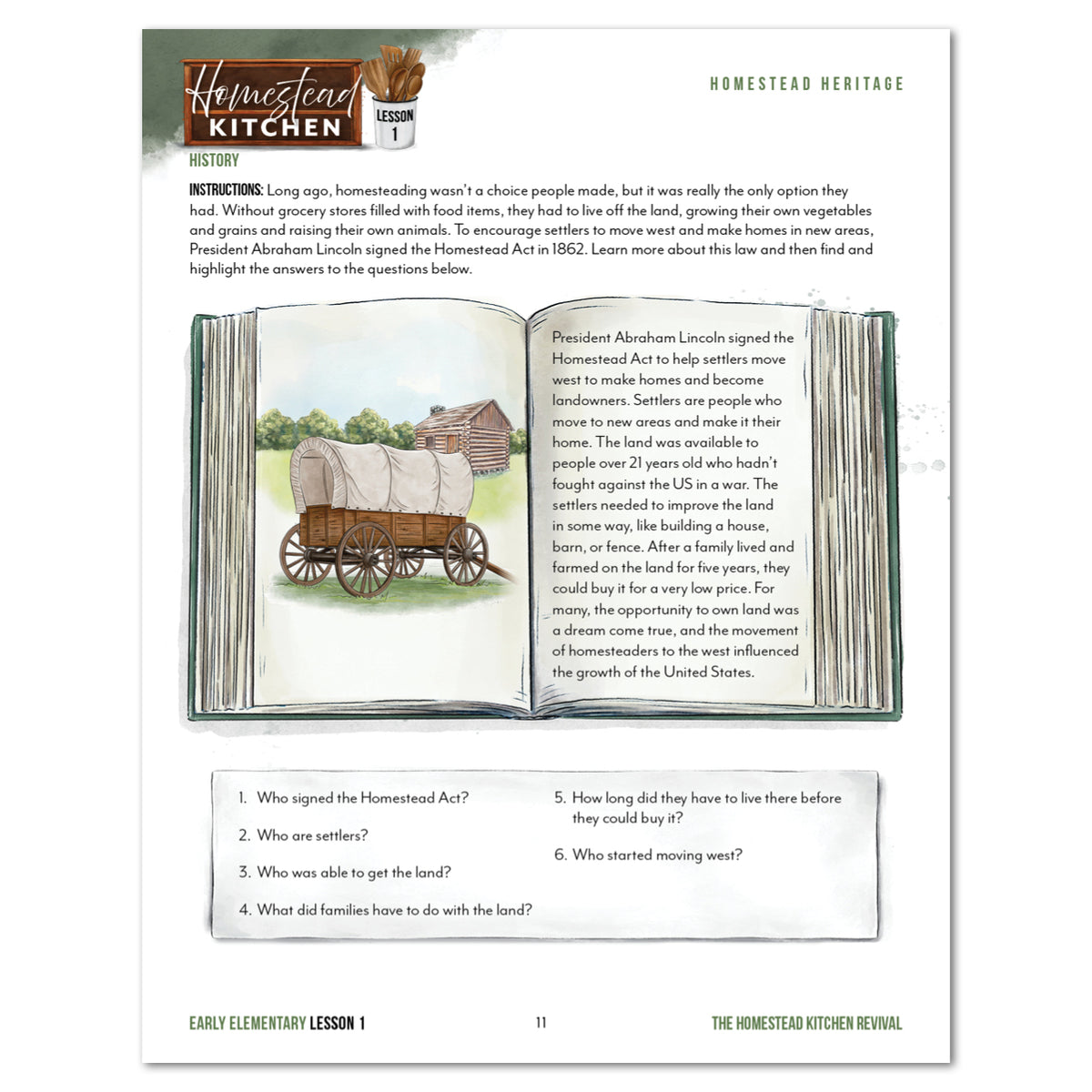 An educational worksheet page with a large illustration of an open book showing a western landscape and wagon, plus short text and a list of comprehension questions at the bottom.