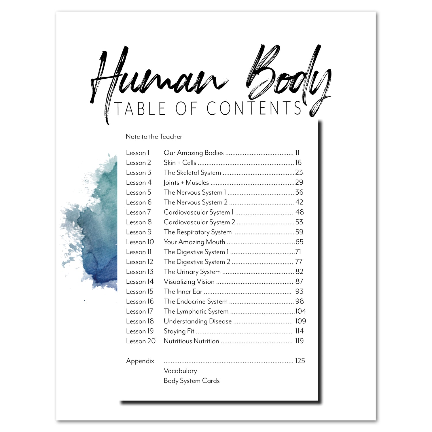 Human Body homeschool unit study printed teacher's guide table of contents