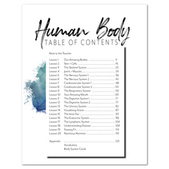Human Body homeschool unit study printed teacher's guide table of contents