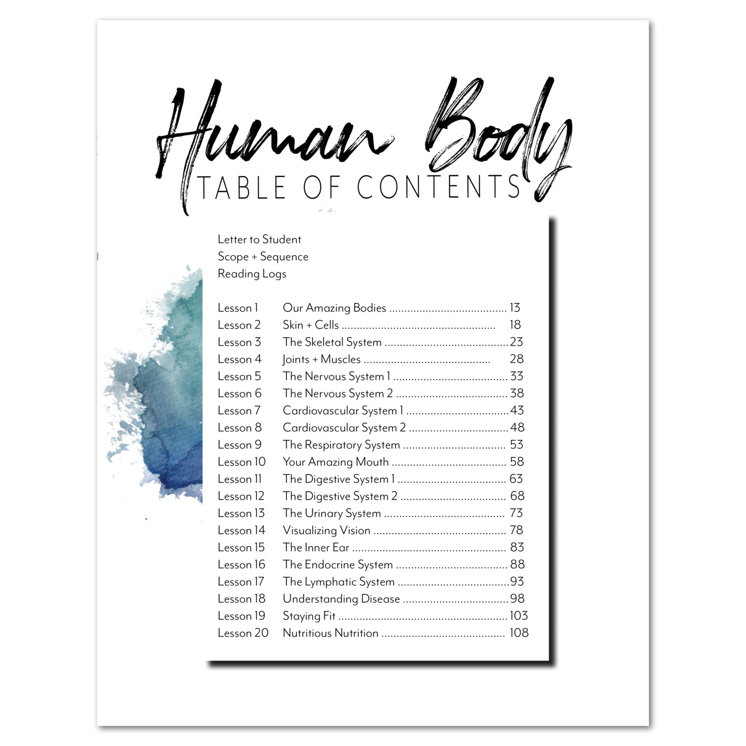 Human Body homeschool unit study printed student workbook table of contents