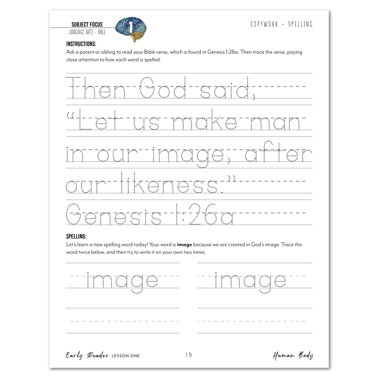 Human Body homeschool unit study printed student workbook in early reader lesson one 