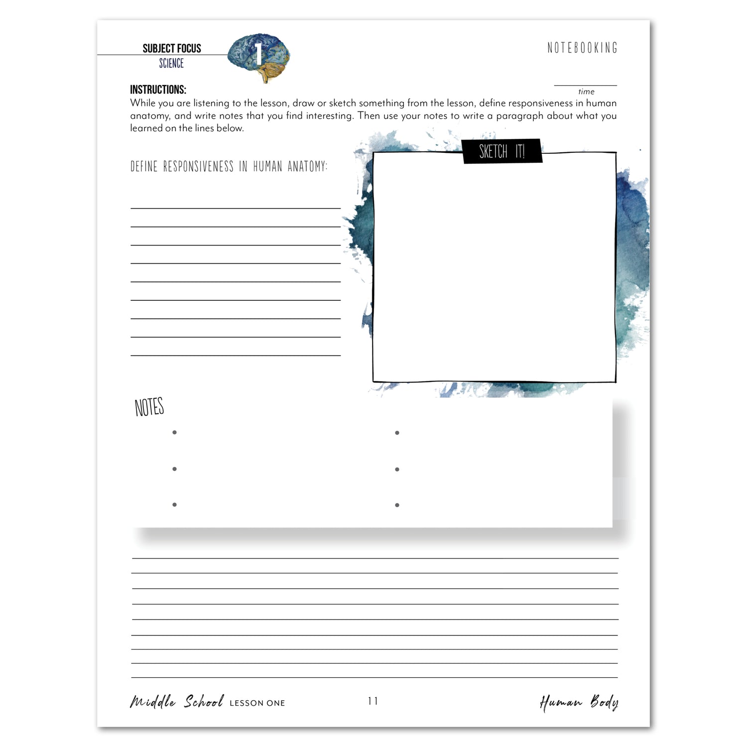 Human Body homeschool unit study printed student workbook in middle school lesson one 