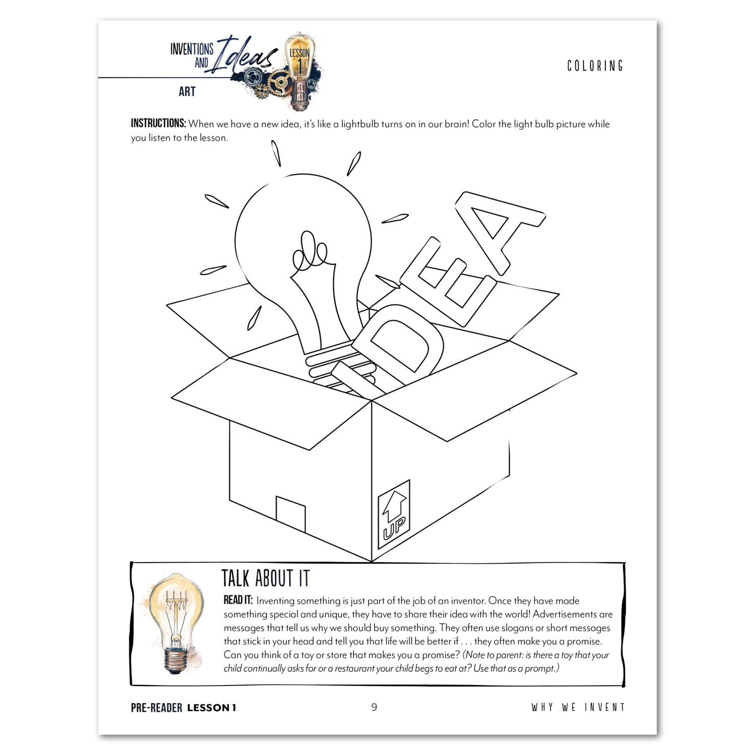 Inventions and Ideas homeschool unit study printed student workbook in pre-reader  lesson one 