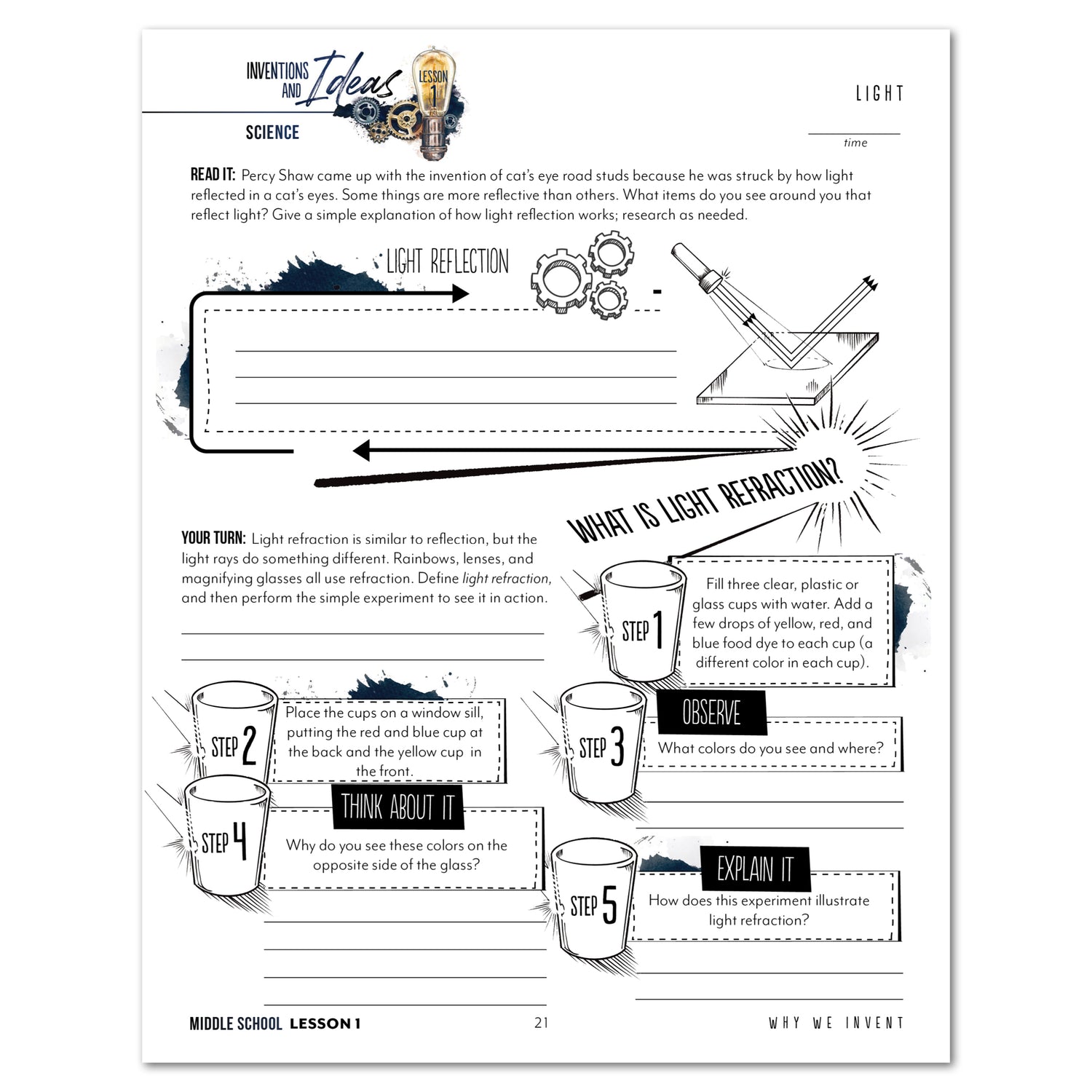 Inventions and Ideas homeschool unit study printed student workbook in middle school lesson one 