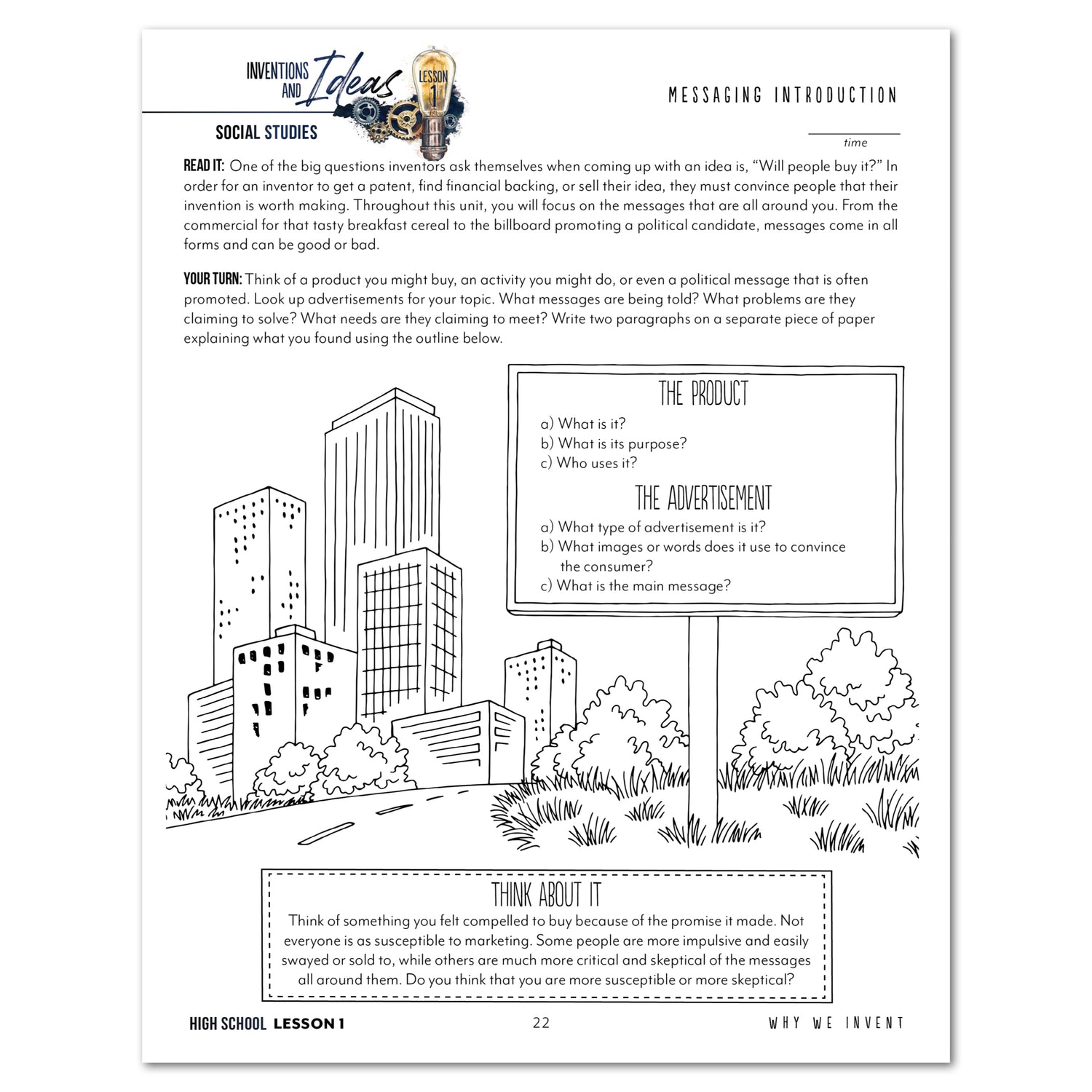 Inventions and Ideas homeschool unit study printed student workbook in high school lesson one 