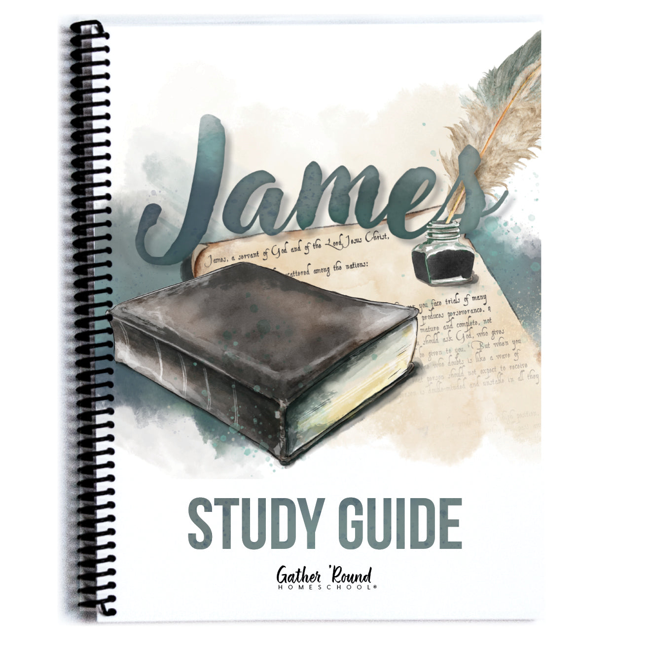 A spiral-bound study guide book cover featuring a watercolor illustration of an Bible, ink bottle, feather quill, and the word 'James' in large script, with 'STUDY GUIDE' printed below.
