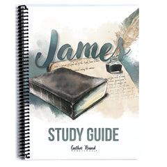 A spiral-bound study guide book cover featuring a watercolor illustration of an Bible, ink bottle, feather quill, and the word 'James' in large script, with 'STUDY GUIDE' printed below.
