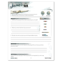 A printed worksheet titled 'James' with religious reflection prompts, writing lines, a key, and small illustrations including a Bible, a cross, and a climber. 