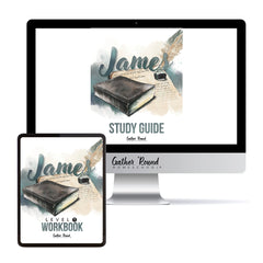 A digital mockup showing a desktop monitor and tablet displaying a study guide workbook cover. The cover features a watercolor illustration of a dark leather-bound book on a beige parchment background with teal script reading 'James' and feather quill accents.
