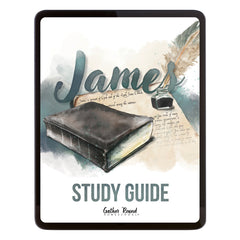 A digital cover for a 'James Study Guide' featuring a watercolor illustration of a dark leather-bound Bible, a feather quill, and an inkwell on a cream background with a black border.