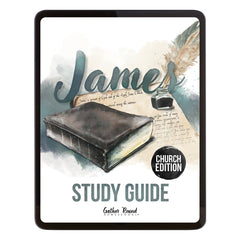 Digital cover of the James Study Guide Church Edition by Gather Bound Homeschools, featuring a watercolor illustration of a dark leather-bound book, a feather quill, and an inkwell on a cream background with a black frame.