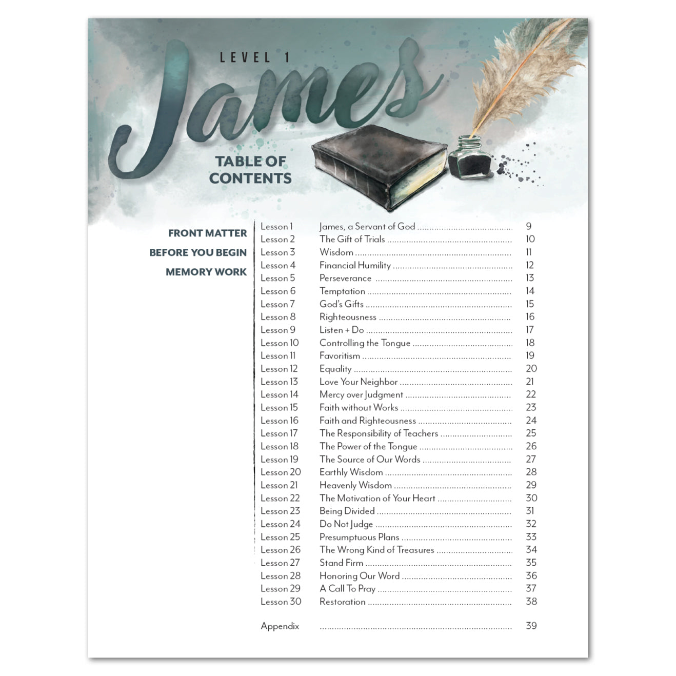 A printed table of contents page with a watercolor-style header reading 'James' and a feather quill, plus a list of lesson topics and page numbers on a white background.