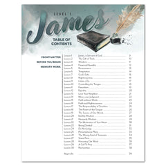 A printed table of contents page with a watercolor-style header reading 'James' and a feather quill, plus a list of lesson topics and page numbers on a white background.