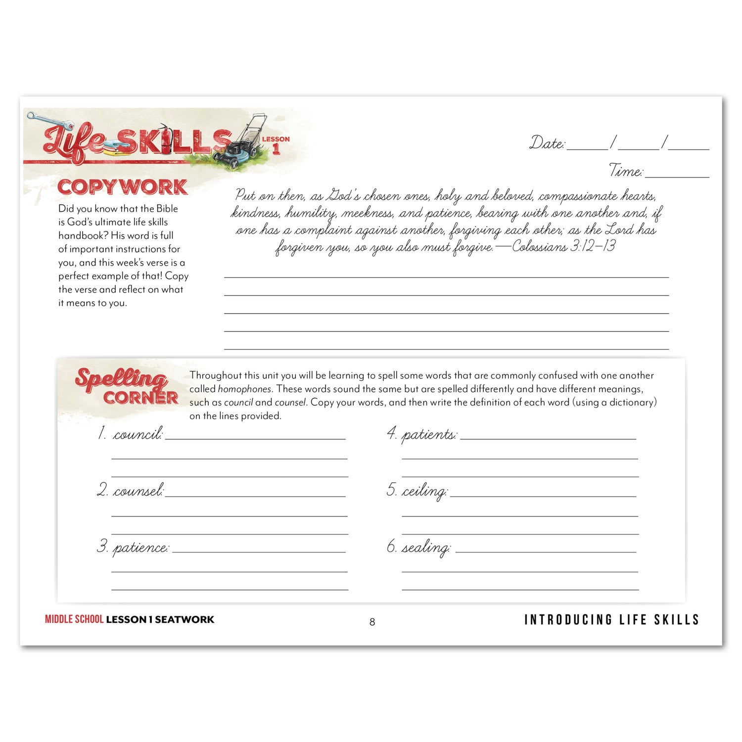 Life Skills homeschool unit study printed middle school cursive seatwork journal lesson 1