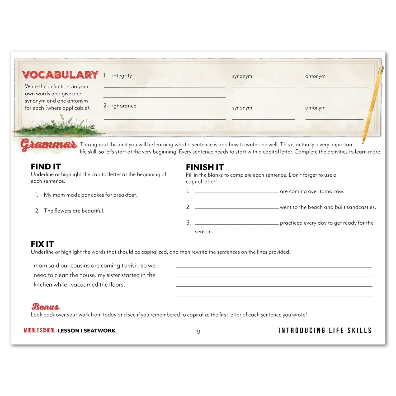Life Skills homeschool unit study printed middle school manuscript seatwork journal lesson 1