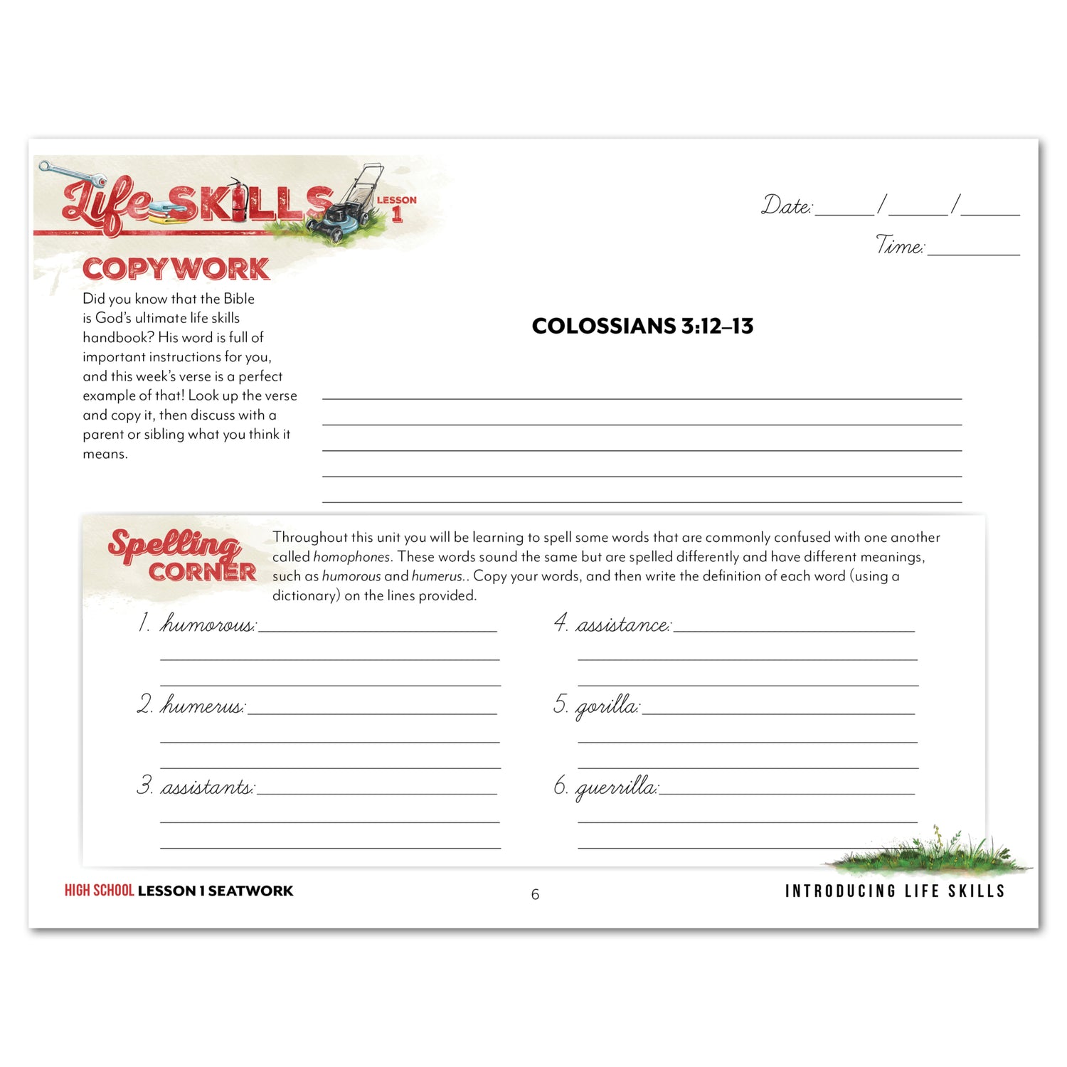 Life Skills homeschool unit study printed high school cursive seatwork journal lesson 1