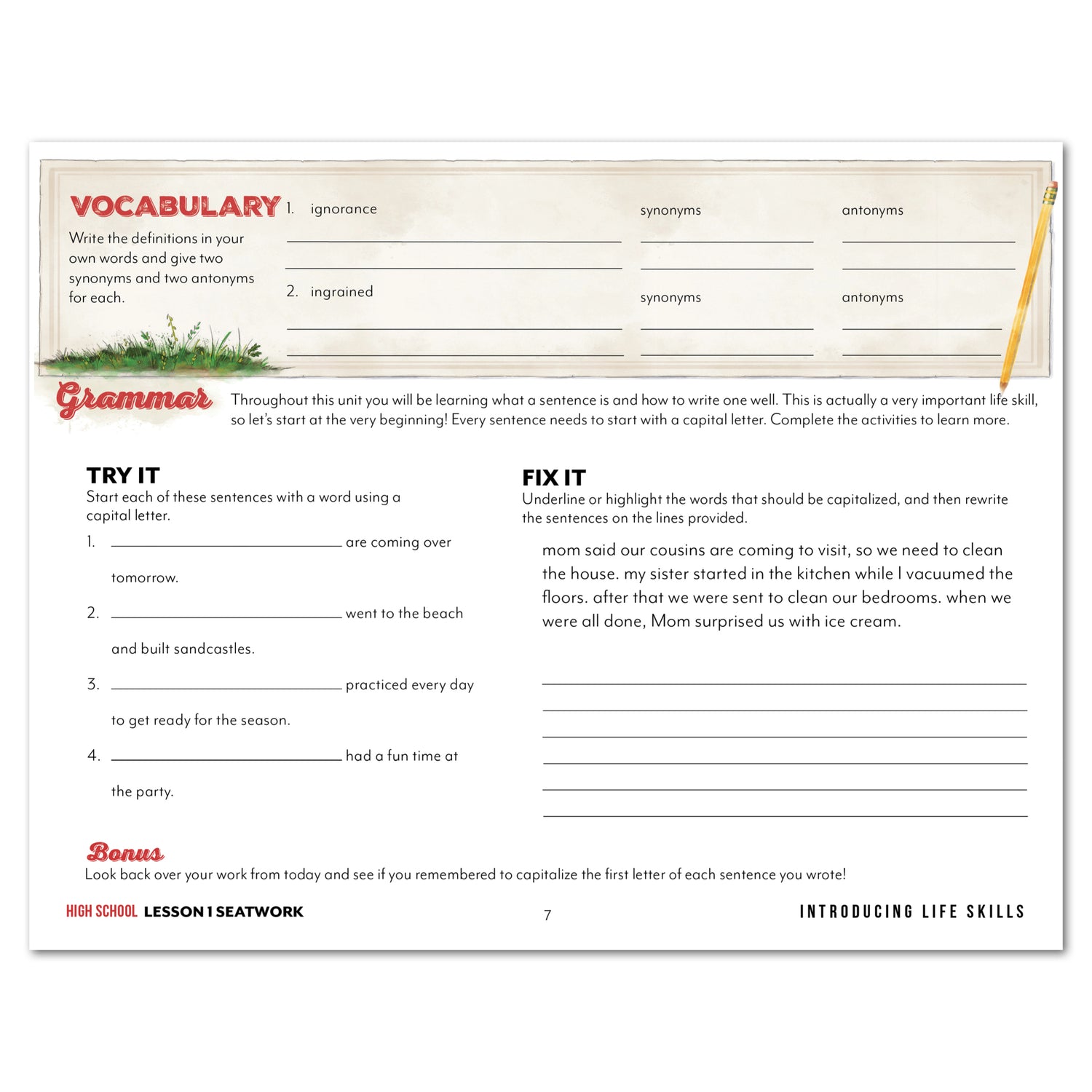 Life Skills homeschool unit study printed high school manuscript seatwork journal lesson 1