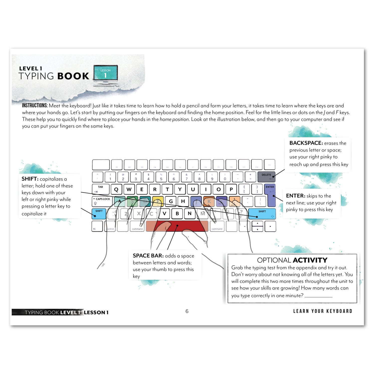 Typing Book Homeschool Unit Study Printed Level 1 Student Book Lesson 1 